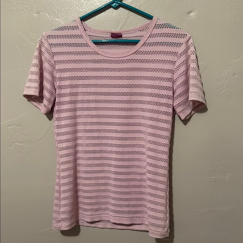 * ZYIA Stylish Pink Perforated Striped Short Sleeve Tee Small - Picture 1 of 6
